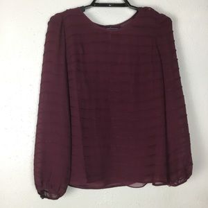 Talbots Burgundy Top size 2P long balloon sleeve sheer camisole Button Blouse